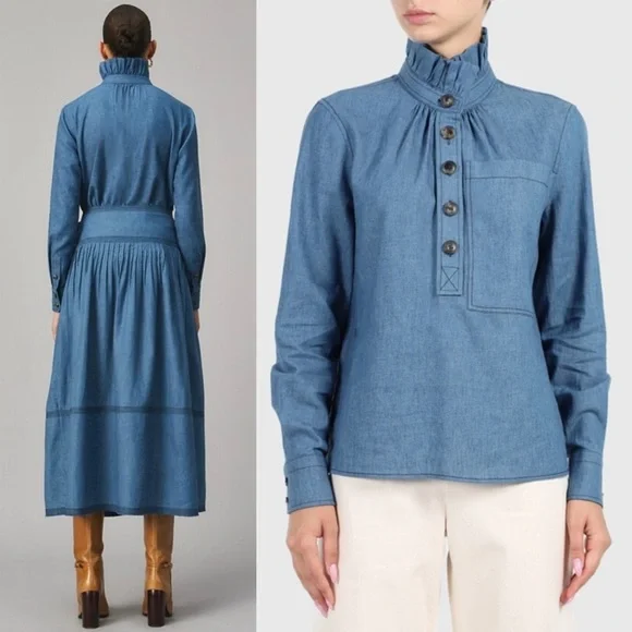 TORY BURCH Linen Cotton Chambray Ruffle High Neck Long Sleeve Pocket Blouse 10‎ - Picture 2 of 11